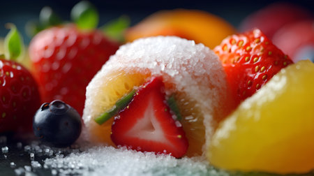 Frozen fruits on a black background, close-up, macroの素材