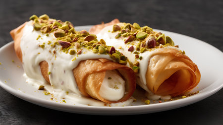 Delicious croissants with pistachios and cream on dark backgroundの素材