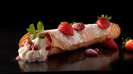 Crepes with strawberries and whipped cream on a black background.の素材