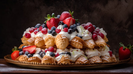 Waffles with cream and berries on a brown background. Selective focus.の素材