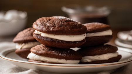 Chocolate cookies with whipped cream on a plate, selective focus.の素材
