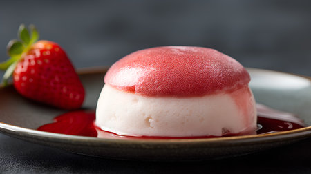 Strawberry panna cotta with strawberry sauce, selective focusの素材