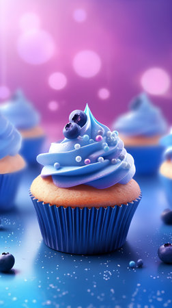 Cupcake with blue cream and blue berries on a blue background.の素材