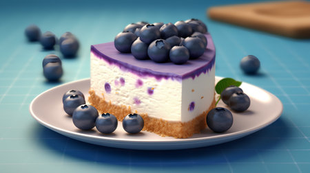 Cheesecake with blueberries on a white plate. 3d illustrationの素材
