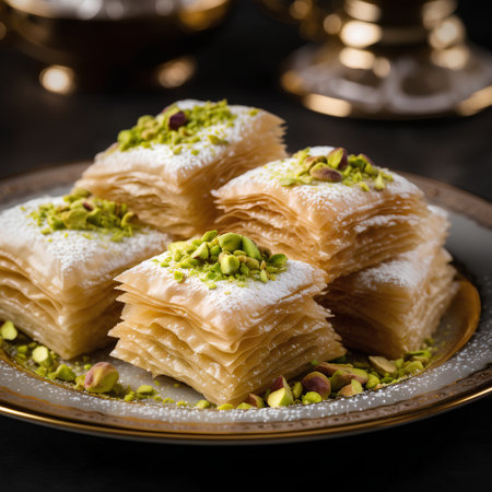 Traditional turkish dessert baklava with cashew, walnuts. toning. selective focusの素材