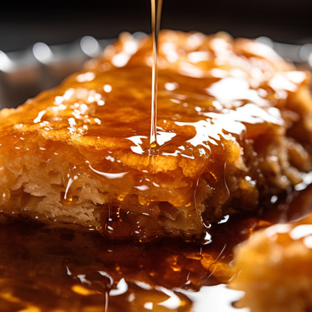 Honey dripping from a honey dipper into a sweet pastry.の素材