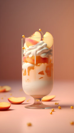 Fruit yogurt with peach slices and whipped cream in glass on orange backgroundの素材
