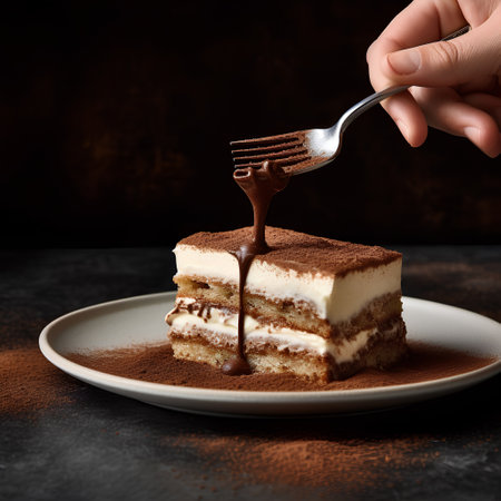 tiramisu cake on a white plate with a fork on a dark backgroundの素材