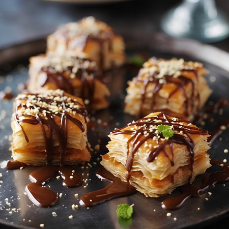 Sweet baklava with chocolate and caramel sauce, selective focusの素材