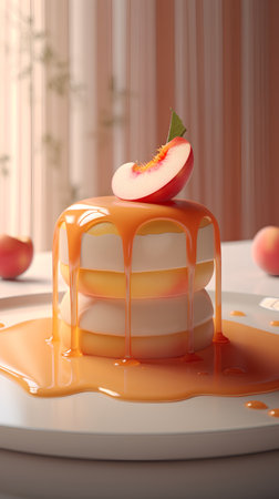 3d render of a piece of cake with peaches on topの素材
