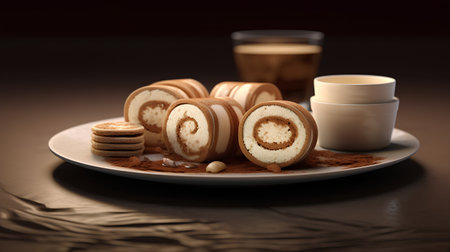 Cup of coffee and sweets on a wooden table, close-upの素材