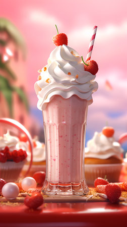 Strawberry milkshake in a tall glass on a blurred backgroundの素材