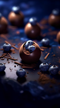 Chocolate truffles with blueberries and cinnamon on a dark backgroundの素材