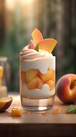 Delicious yogurt with peaches in glass on wooden table, closeupの素材