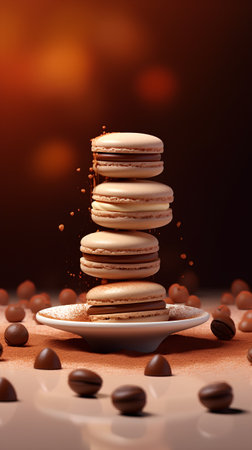 Stack of delicious macaroons with falling coffee beans on brown backgroundの素材