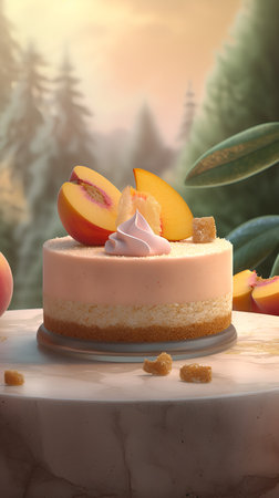 3d render of peach cake with whipped cream and fresh peachesの素材