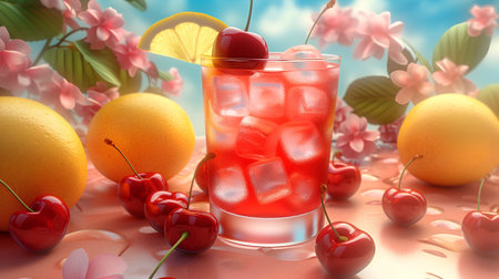 Cocktail with cherry and lemon on a pink background. 3d illustrationの素材