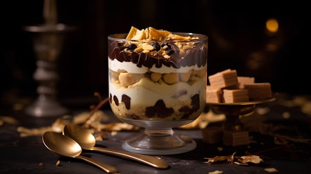 Classic tiramisu dessert in a glass on dark background, selective focusの素材
