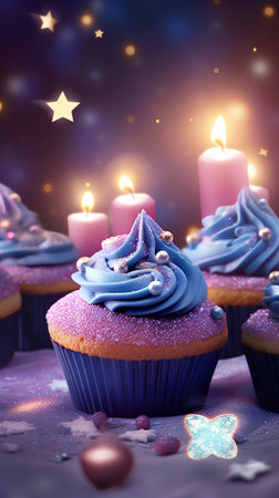 Cupcakes with blue buttercream frosting and burning candles on purple backgroundの素材