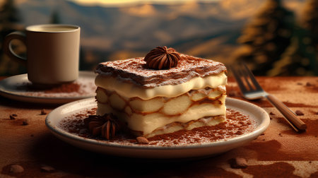 Tiramisu cake with cup of coffee on the background of the mountainsの素材