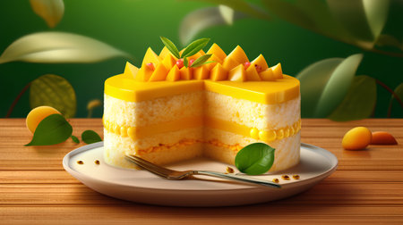 Mango cake on plate on wooden background. 3d illustration.の素材
