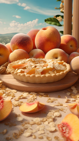 Composition with tasty peaches and oatmeal on table against blurred backgroundの素材