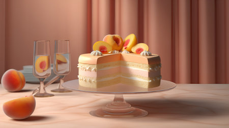 3d render of a cake with peach slices and two glasses of champagneの素材