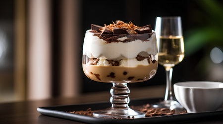 Dessert tiramisu in a glass on a dark background.の素材