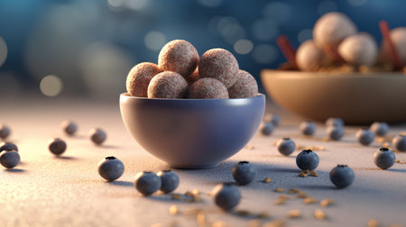 Chocolate candies with blueberries in a bowl on a light background.の素材