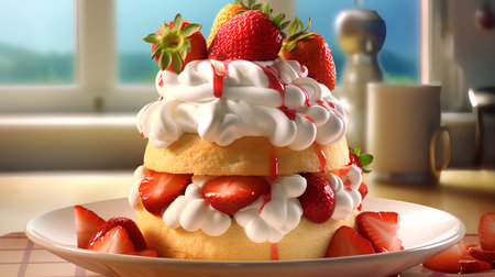 cake with cream and strawberries on a plate in the kitchen. 3d renderingの素材