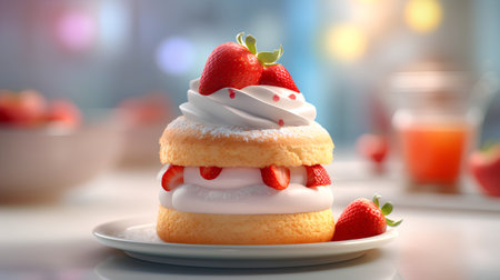 Strawberry cake with whipped cream and fresh strawberries. 3d renderingの素材