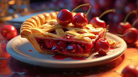 Cherry pie with cherries on a plate. 3d illustrationの素材