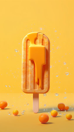 Orange ice cream on a stick on a yellow background. 3d renderingの素材