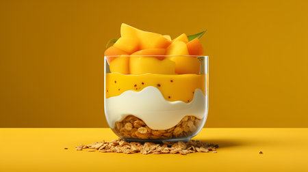 Healthy breakfast. Muesli with mango and yogurt in glass on yellow background. 3d illustrationの素材