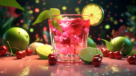Cocktail with cherry, lime and ice on a red backgroundの素材