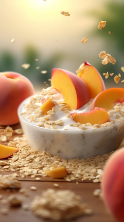 Yogurt with fresh peaches and oatmeal on wooden tableの素材