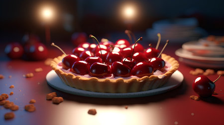 Sweet cherry pie with candles on red background. 3d illustration.の素材