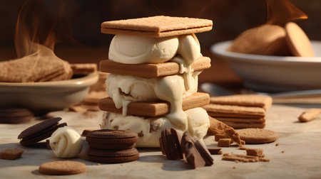 Delicious ice cream with chocolate and cookies on the table, closeupの素材