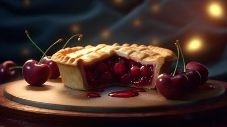 cherry pie with berries on a wooden board with bokeh backgroundの素材