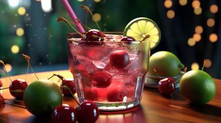 Cocktail with cherry, lime and ice on a dark backgroundの素材