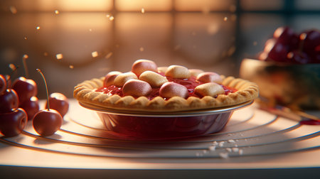 Sweet cherry cake with marmalade in a bowl on the tableの素材