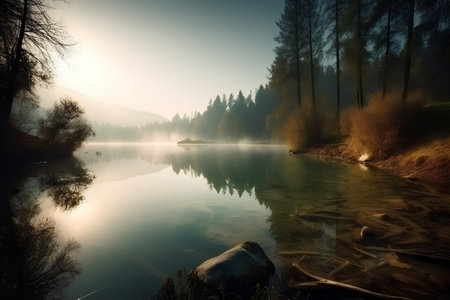 Foggy morning on a lake in the mountains. HDR imageの素材