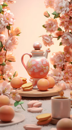 Porcelain teapot with flowers and macaroonsの素材