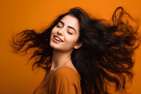 Portrait of a beautiful young woman with flying hair on orange backgroundの素材