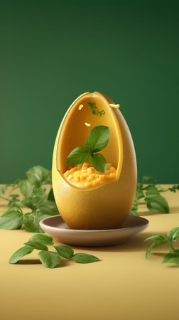 Easter egg with cream and basil on a yellow background. 3d renderingの素材