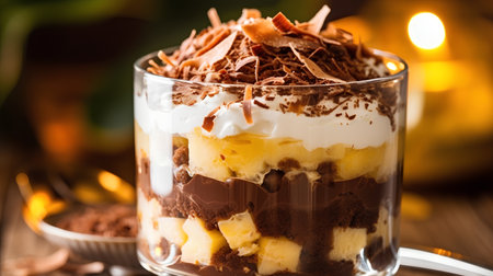 Classic tiramisu dessert in a glass on a wooden background.の素材