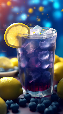 Cocktail with blueberries, lemon and ice cubes on blue backgroundの素材