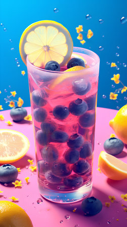 Cocktail with blueberries, lemon and orange on pink backgroundの素材