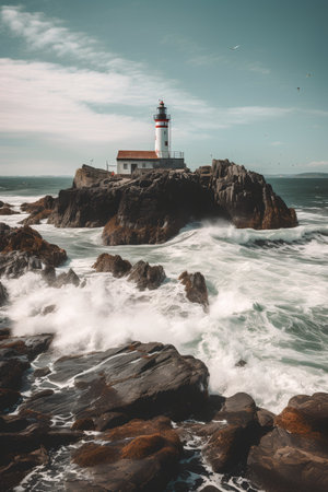 Stunning seascape with lighthouse on rocky coastline in Portugal.の素材