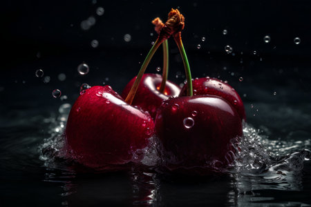 Cherries with drops of water on a dark background. Water drops.の素材